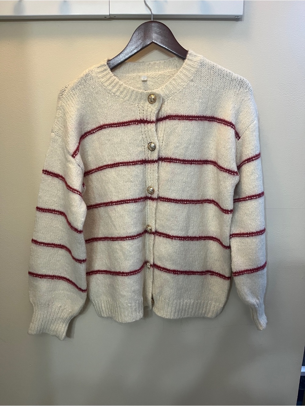 Cream & Red Stripe Button-Up Knit Sweater
